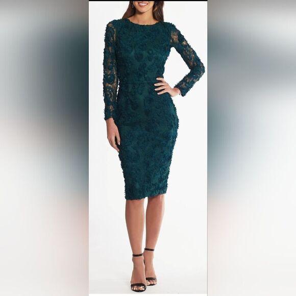 Xscape Lace Appliqu Long Sleeve Cocktail Midi Dress NWT size 10 Green -  threedaughtersproperties.com
